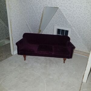Vintage wooden miniature doll house furniture couch velvet & wood   7"×3.5"